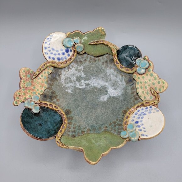 Handcrafted Studio Pottery Decorative Bowl Snake Details Footed One of a Kind - Picture 1 of 8